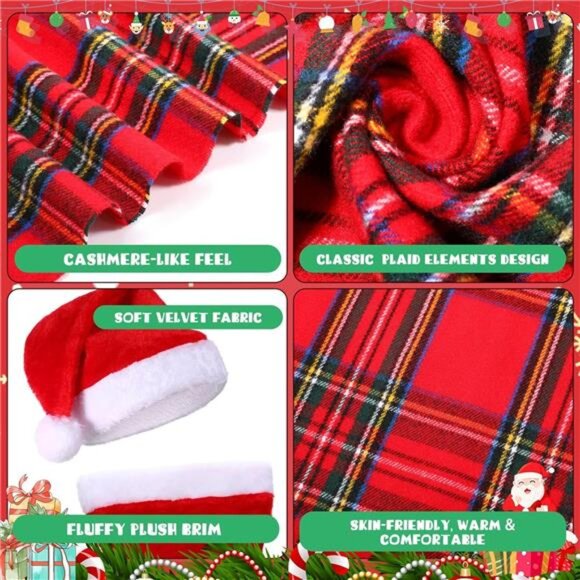 8PCS Christmas Santa Hat & Scarf Set - Buffalo Plaid Velvet Hats - Picture 4 of 8
